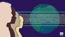 Image of multicultural people,  with genetic sequencing over the globe.  Credit: National Human Genome Research Institute